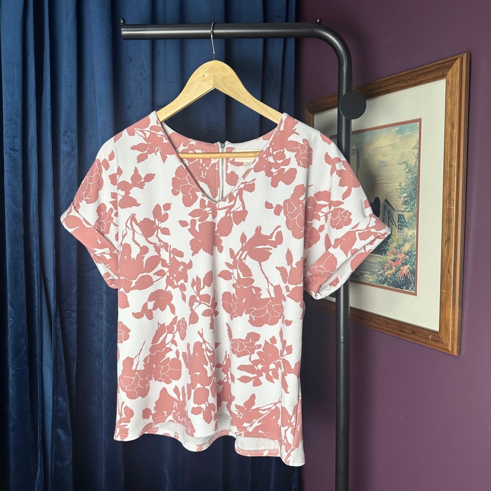 Melloday Medium Dusty Rose Floral Short Sleeve Blouse Back Zip